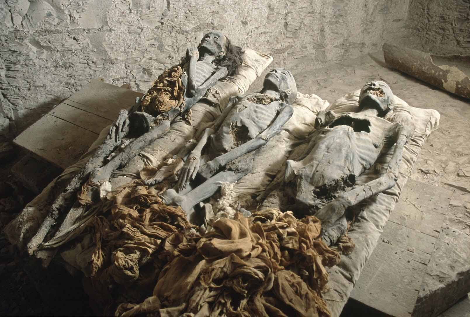 KV35 mezarında keşfedilen 3 mumya. Sırasıyla, en solda Kraliçe Tiye’te ait “Yaşlı Kadın” mumyası, ortada Webensenu ya da Prens Thutmose olduğu düşünülen genç çocuk mumyası ve en sağda Nefertiti olduğu düşünülen “Genç Kadın” mumyası. Fotoğraf: Discovery Channel Arşivi