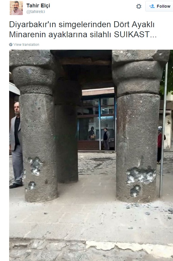 Tahir Elçi, iki gün önce vurulduğu yer olan Dört Ayaklı Minare'nin fotoğrafını paylaşıp suikast demişti.