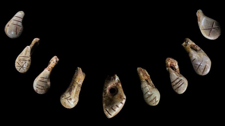 Once strung on a necklace, these deer teeth were discovered in the grave of an Ice Age woman who lived nearly 16,000 years ago. The markings on the teeth may have been memory aids to help the owner recite an important tribal story.