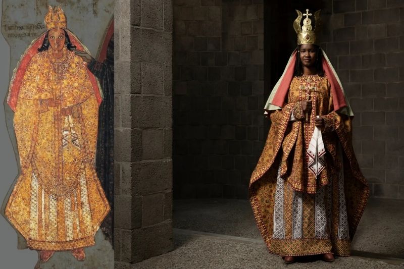 10. yüzyıla ait Ana Kraliçe Martha duvar resmi ve sarı kostümün yeniden üretilmiş halini sergileyen model